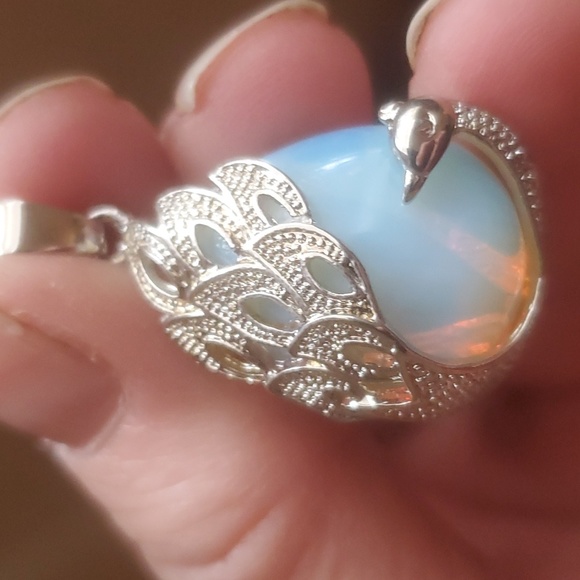 New Silver Wrapped Opalite Peacock Pendant. - Picture 8 of 11